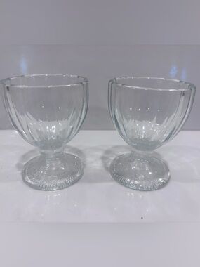 Vintage Clear Pressed Glass Egg Cups Pair Fluted Paneled Design Footed Holders